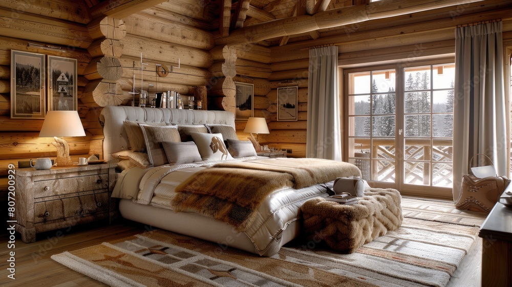 a spacious and bright log-style bedroom, featuring a cozy log-style bed adorned with a white quilt and brown pillows, complemented by a soft carpet and a nightstand adorned with cups and lamps. a spacious and bright log-style bedroom, featuring a cozy log-style bed adorned with a white quilt and brown pillows, complemented by a soft carpet and a nightstand adorned with cups and lamps.