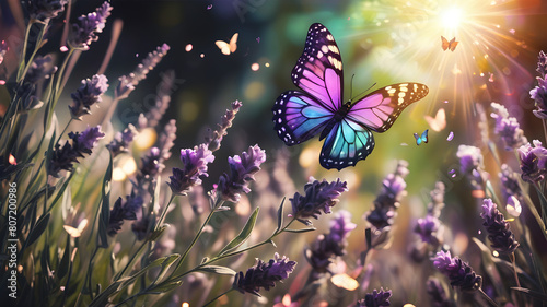 Sunny summer nature background with fly butterfly and lavender flowers with sunlight and bokeh