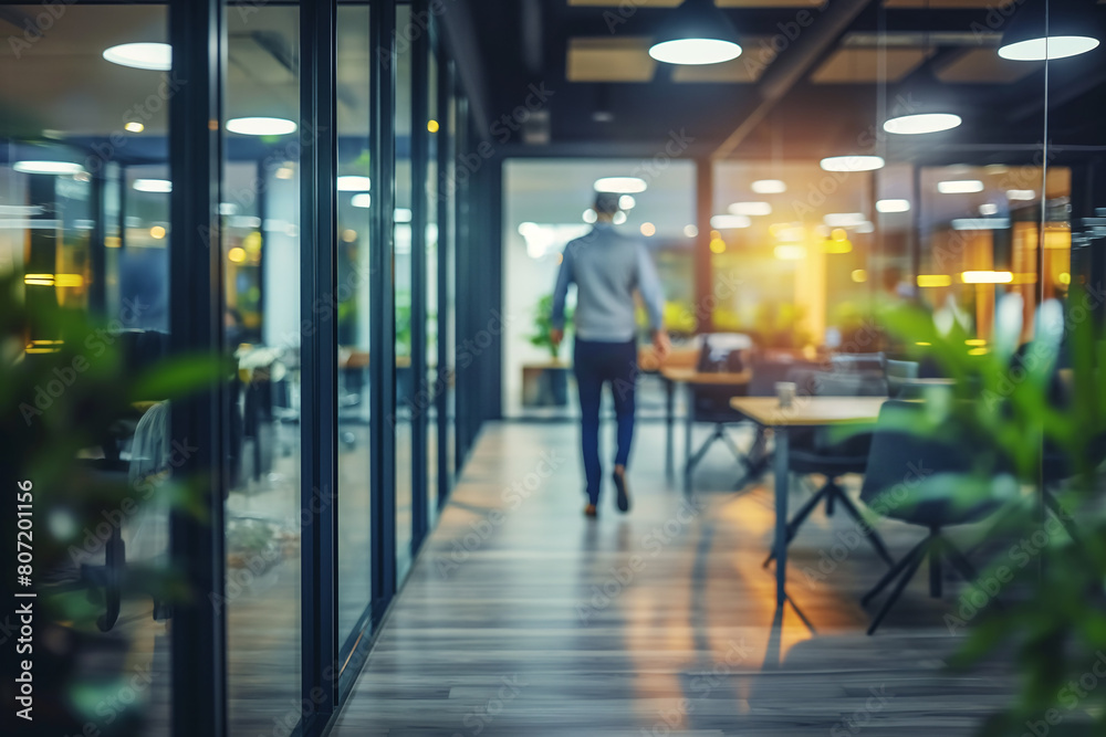 Businessman walking through modern office corridor