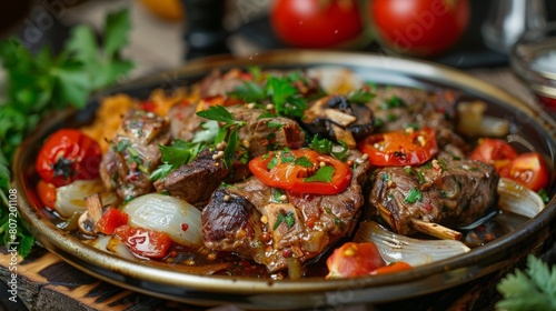 The cuisine of Bosnia and Herzegovina. Baked meat with vegetables Hadji-chevap. 