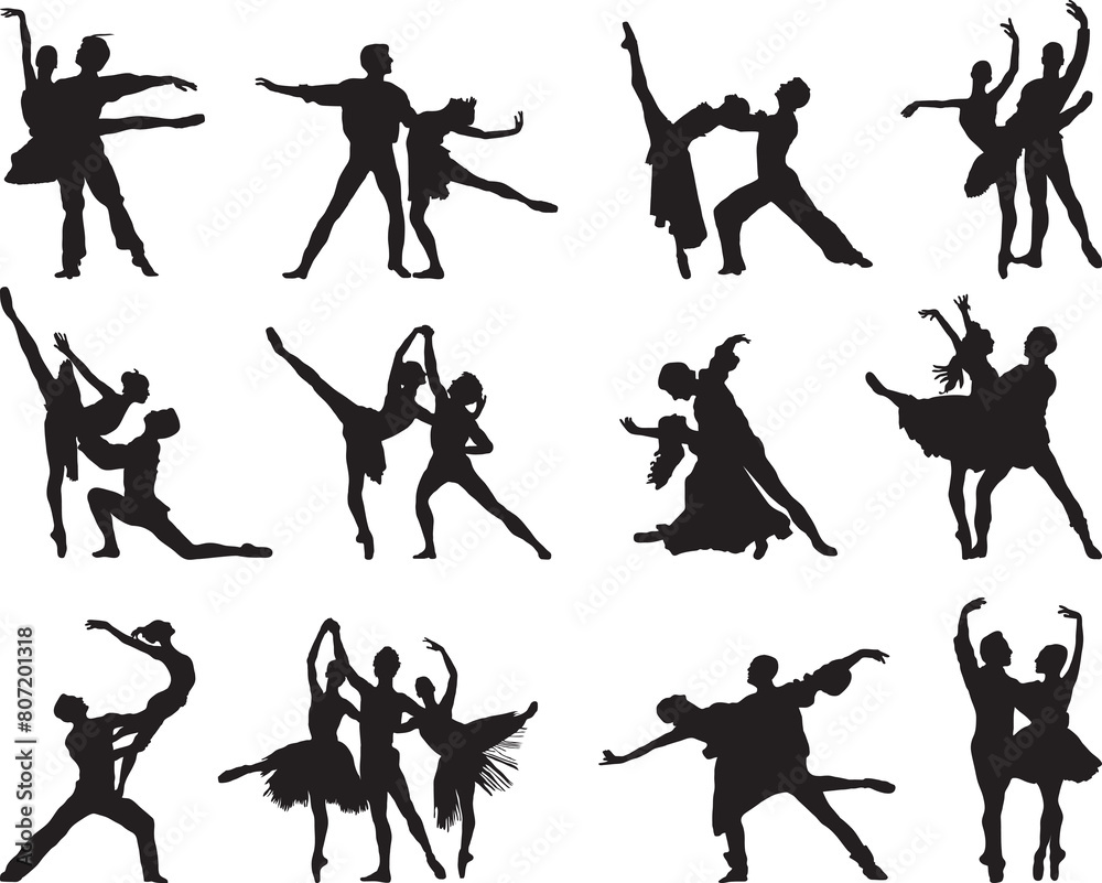 PNG Black silhouettes of ballet couples on white background