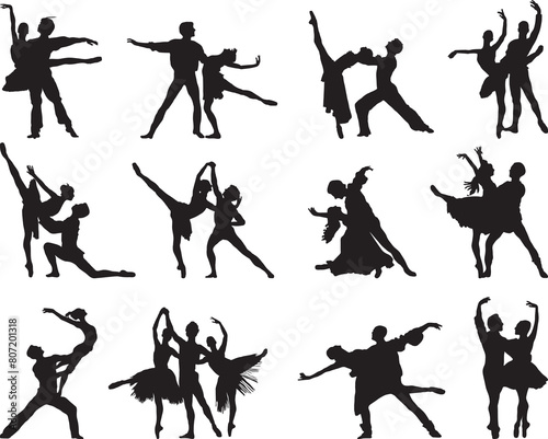 Bild auf Leinwand PNG Black silhouettes of ballet couples on white background