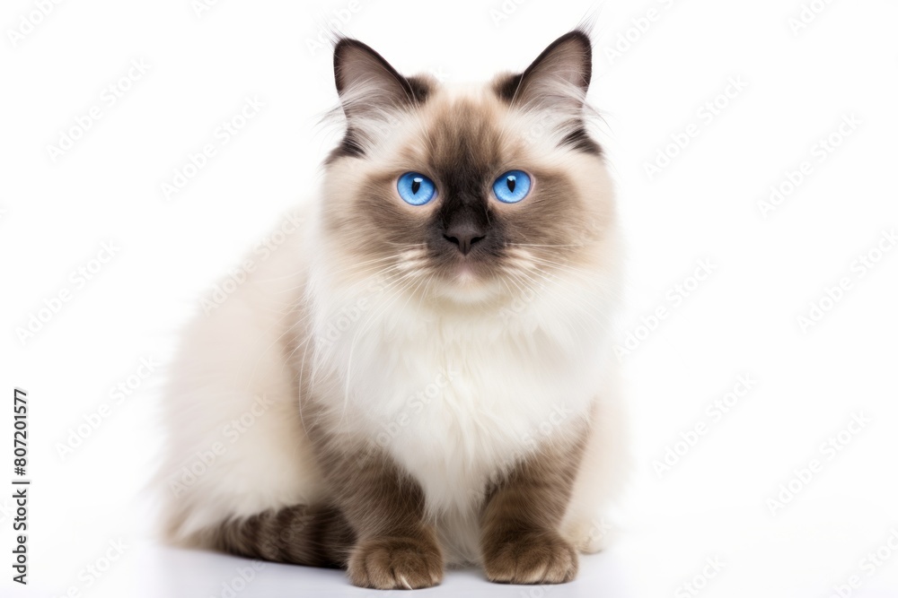 Medium shot portrait photography of a curious ragdoll cat grooming while standing against white background
