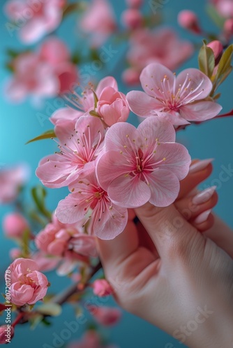 Woman Holding Branch With Pink Flowers