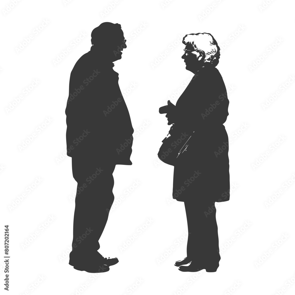 Silhouette elderly man and elderly women were standing while talking black color only Silhouette elderly man and elderly women were standing while talking black color only