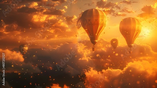 Majestic Hot Air Balloons Drifting Across Serene Golden Hued Skyline with Vibrant Colors and Intricate Patterns