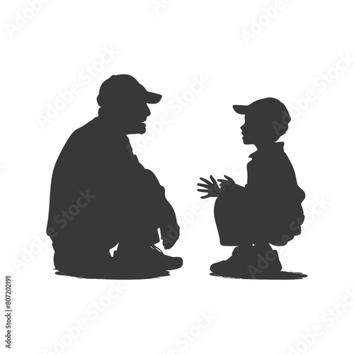 Silhouette elderly man and little boy were sitting while talking black color only