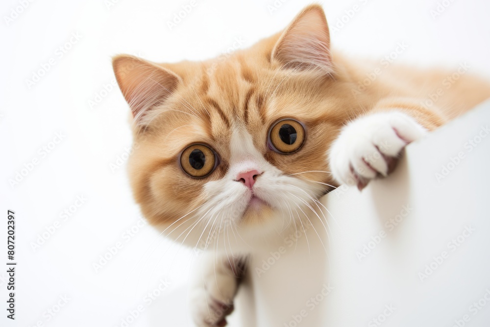 Obraz premium Lifestyle portrait photography of a curious exotic shorthair cat wall climbing in front of white background