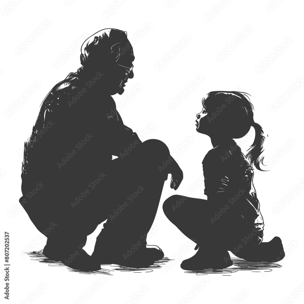Silhouette elderly man and little girl were sitting while talking black color only