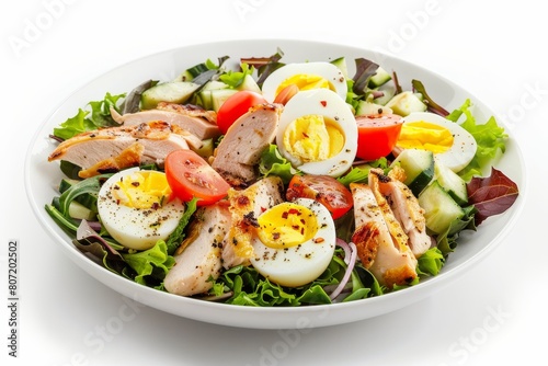 Chicken and egg Cobb salad on white background