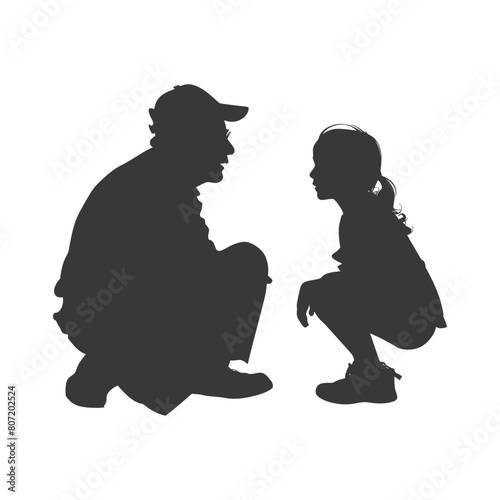 Silhouette elderly man and little girl were sitting while talking black color only