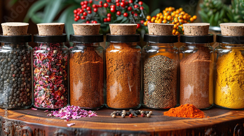 Fototapeta Naklejka Na Ścianę i Meble -  wide panoramic food banner background image, colorful and delicious spices in dishes and jars with traditional grinding tools on a wooden table    