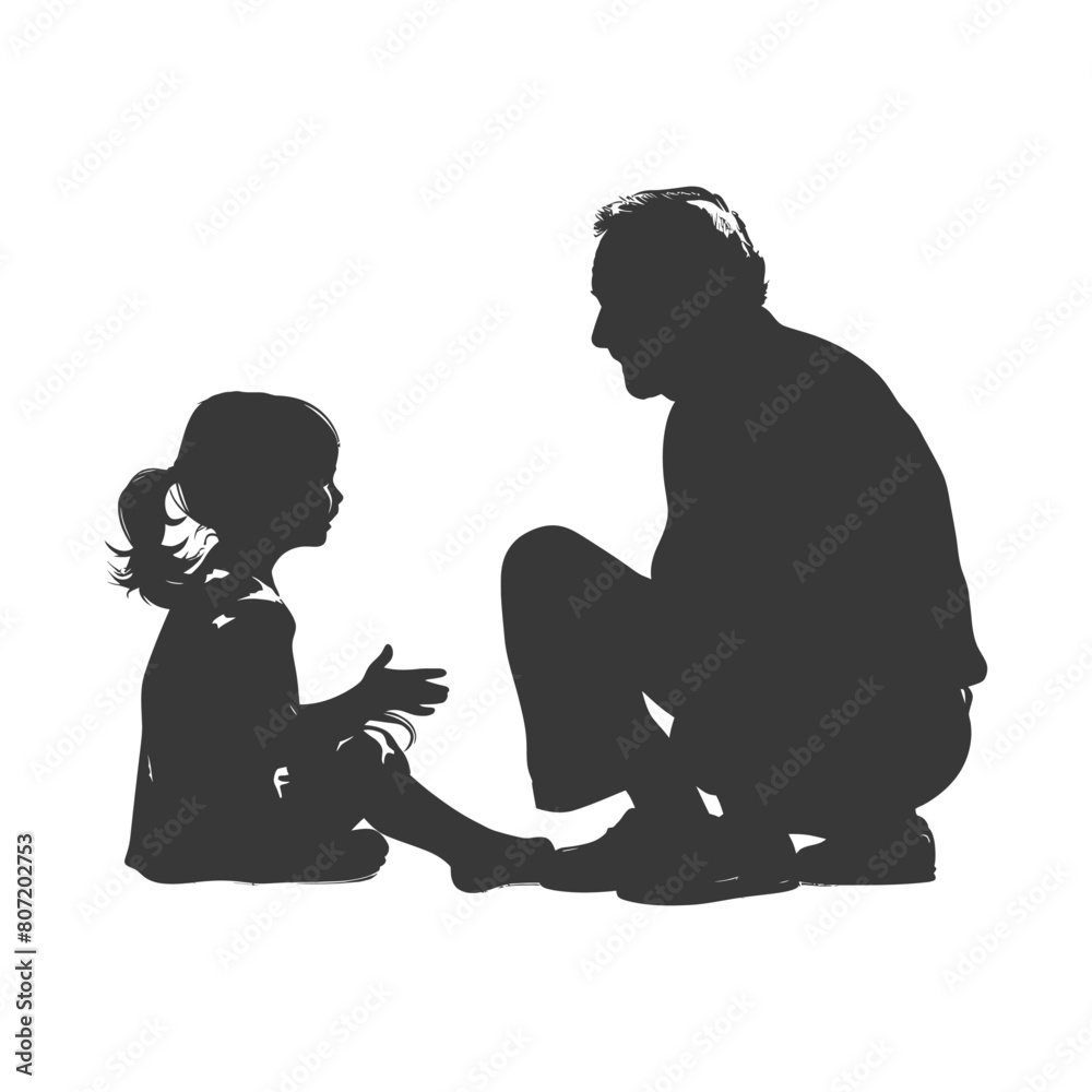Silhouette elderly man and little girl were sitting while talking black color only Silhouette elderly man and little girl were sitting while talking black color only