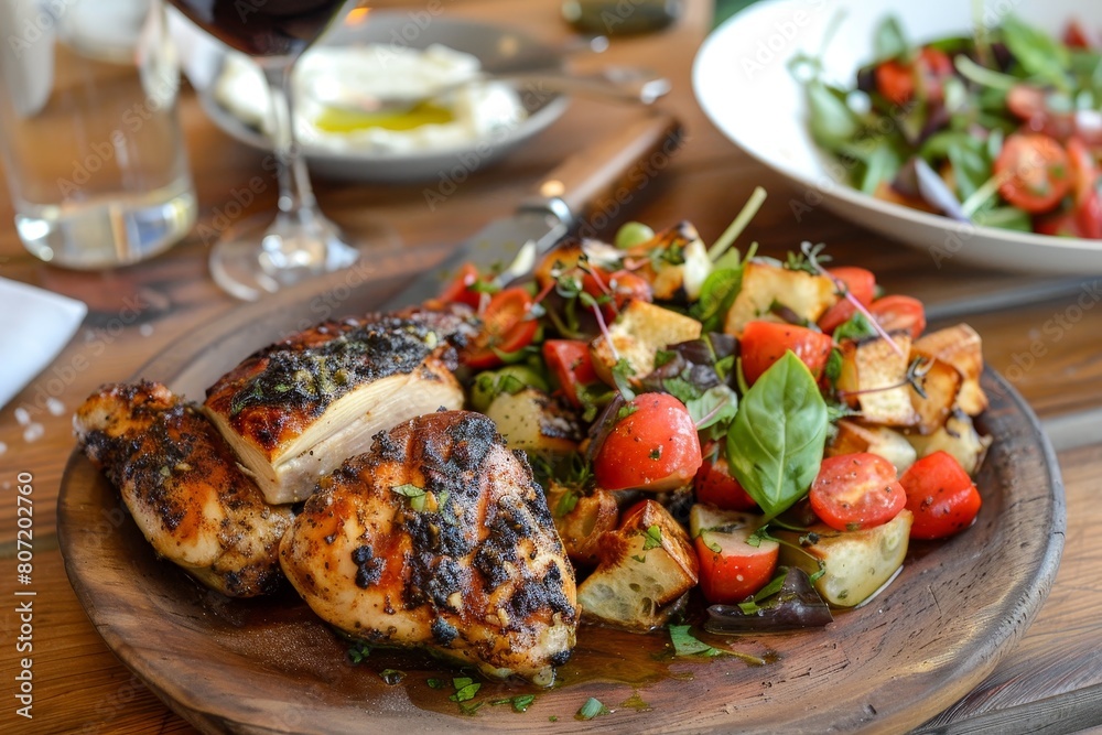 Chicken cooked under a brick served with panzanella salad Chicken cooked under a brick served with panzanella salad