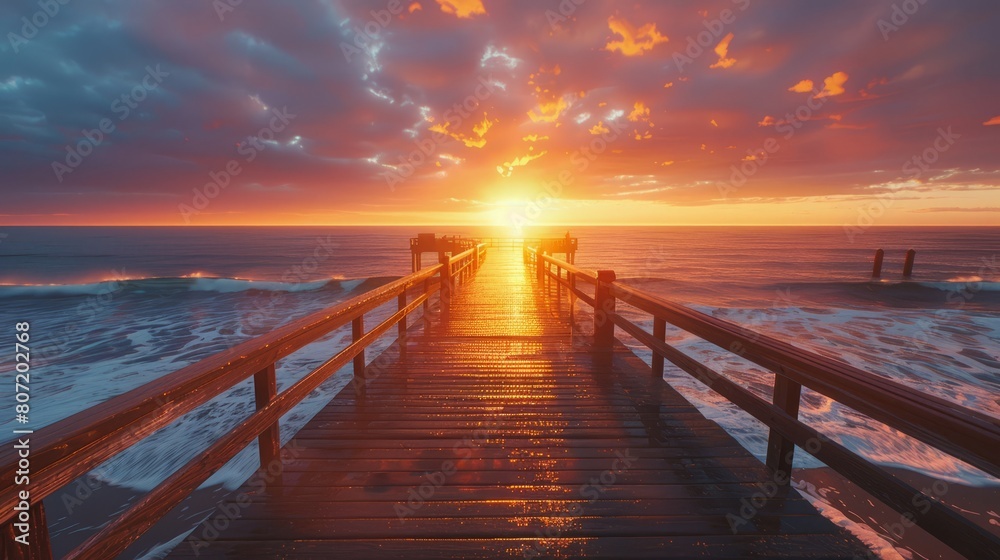 Obraz premium Sunset Illuminating the Pier with Golden Hues by the Water's Edge