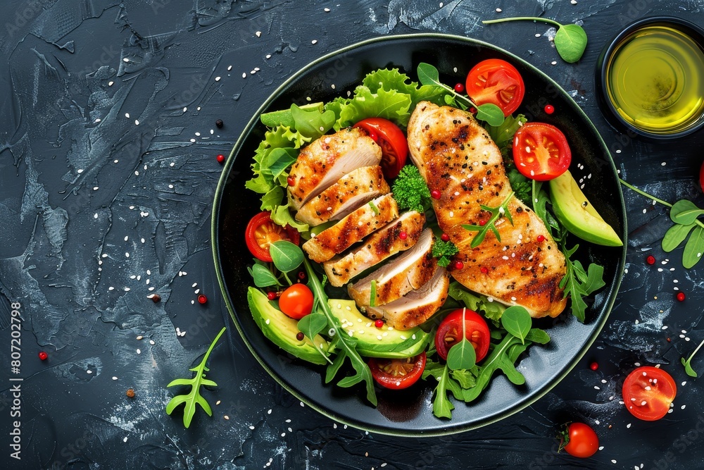 Chicken grilled fillet salad with fresh ingredients Healthy ketogenic lunch idea Top view banner Chicken grilled fillet salad with fresh ingredients Healthy ketogenic lunch idea Top view banner