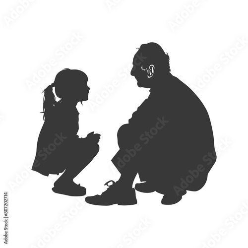 Silhouette elderly man and little girl were sitting while talking black color only