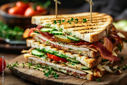 Chicken club sandwich with bacon tomato cucumber and herbs