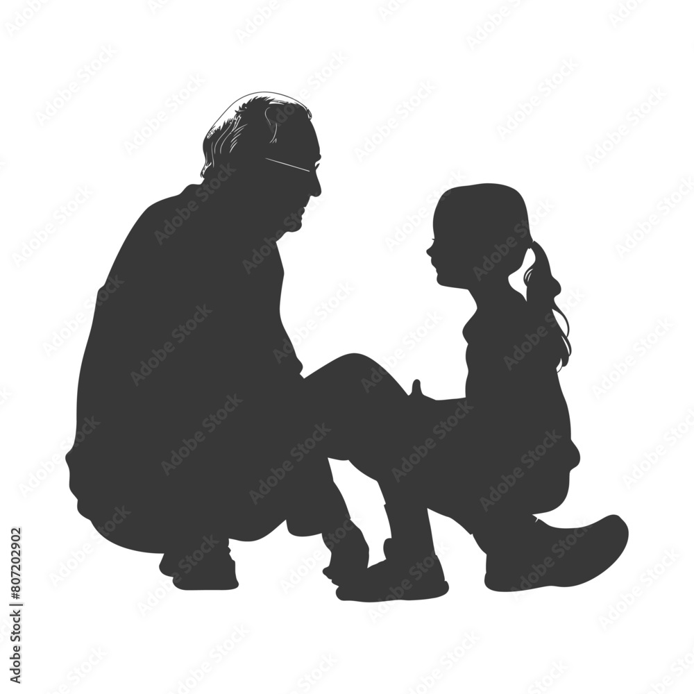 Silhouette elderly man and little girl were sitting while talking black color only Silhouette elderly man and little girl were sitting while talking black color only