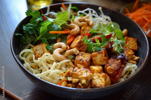 Chinese tofu and cashew nut noodles with garlic and fresh salad