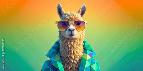 A stylishly cool llama wearing sunglasses appears against a vibrant, colourful background. The llama's fur appears textured and is adorned with a geometric patterned coat.AI generated.