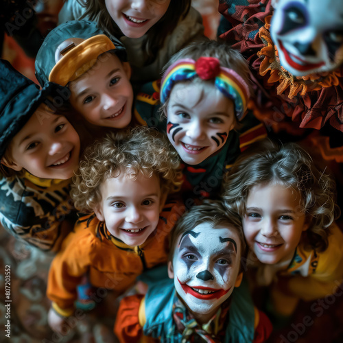 A group of children dressed up in clown costumes for Halloween