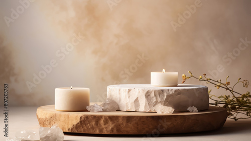 Two white candles on a wooden table with a stone riser. There are also some crystals and a plant on the table. The background is a soft, neutral color. photo