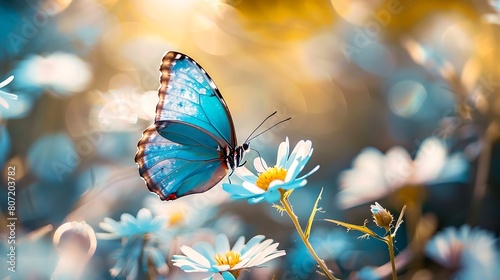 Cobalt blue butterfly perched delicately on a blooming flower, graceful and ethereal.
