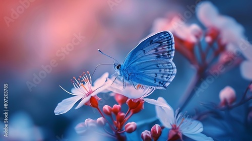 Cobalt blue butterfly perched delicately on a blooming flower, graceful and ethereal. © Khan