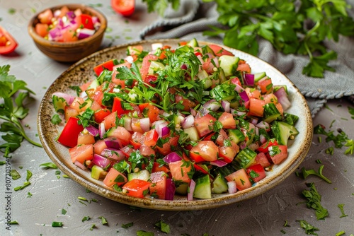Classic Arabic fattoush salad on a table Top view