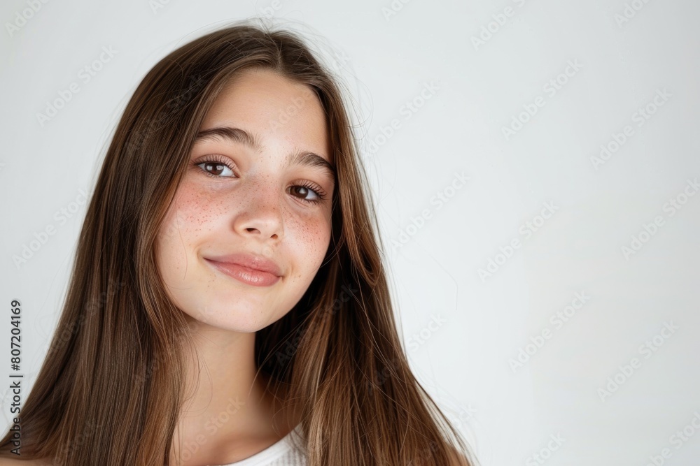 Teen girl with long brown hair and clean skin portrait.