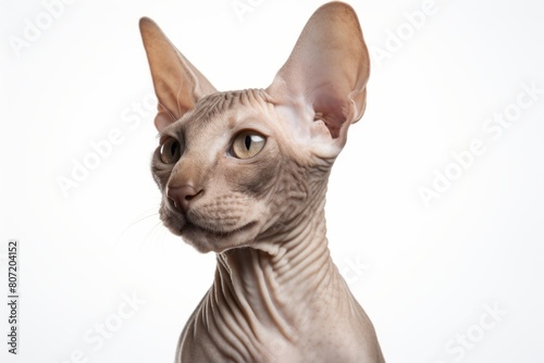 Lifestyle portrait photography of a curious peterbald cat grooming over white background
