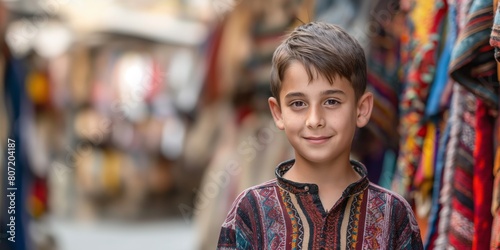 Young boy wearing intricate traditional dress standing in a colorful marketplace