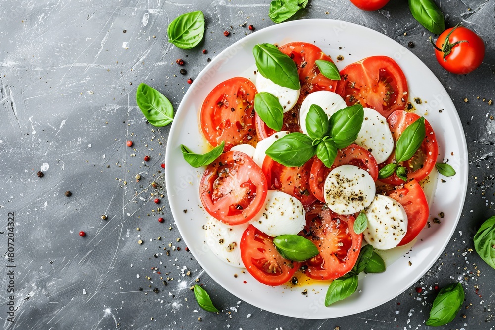 Classic Italian caprese salad with tomato mozzarella and basil on white plate Classic Italian caprese salad with tomato mozzarella and basil on white plate