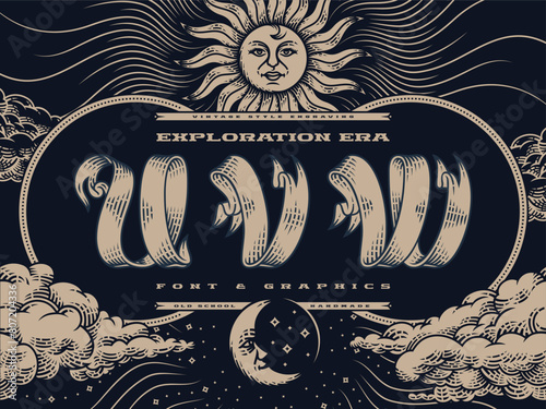 Decorative font set Exploration Era in vintage engraving style with illustrations of a sun, sky and clouds.