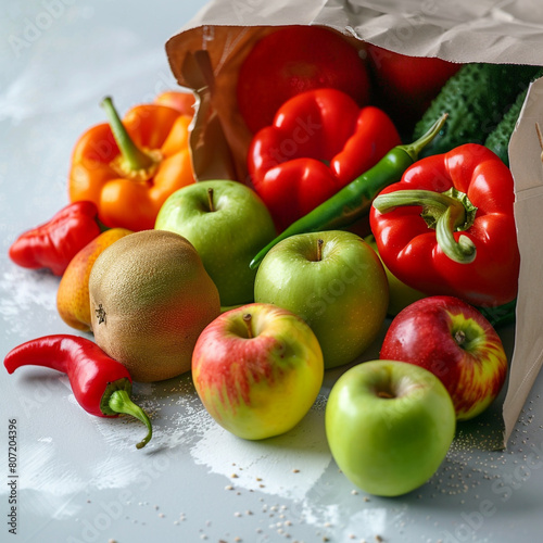 Assorted fruits and veggies emerging from a paper bag on white.