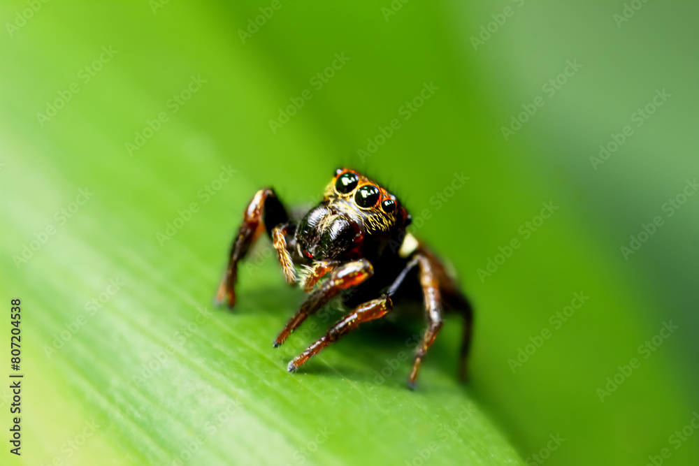 A detailed close-up of a Portia labiata, showcasing its intricate patterns and colors. The spider's eyes are prominently displayed, capturing attention. Wulai District, New Taipei City. A detailed close-up of a Portia labiata, showcasing its intricate patterns and colors. The spider's eyes are prominently displayed, capturing attention. Wulai District, New Taipei City.