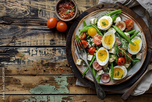 Classic Nicoise salad on rustic plate wooden background Selective focus top view Space for text photo