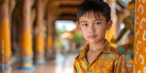 A calm young boy in ornate traditional clothing poses in a Southeast Asian temple setting