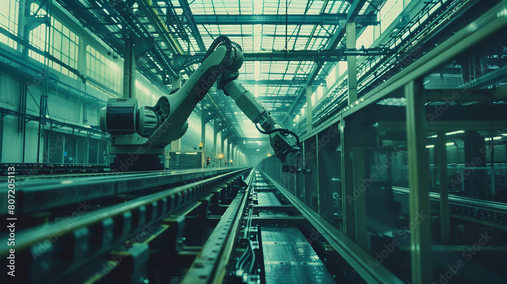 ????The factory of the future with robotic arms working on an assembly line in a green and blue color scheme, with a hint of yellow.