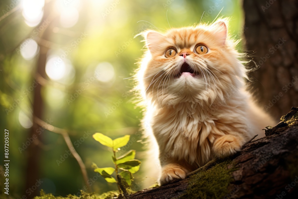 Group portrait photography of a smiling persian cat whisker twitching isolated in forest background