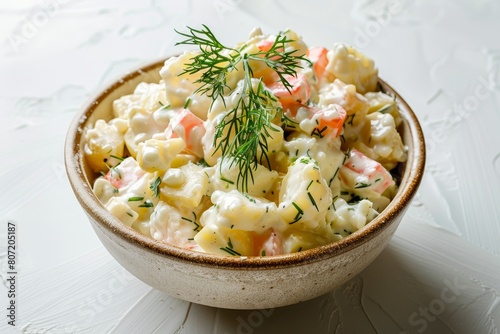 Classic Russian Olivier salad in a bowl on white background popular food photo