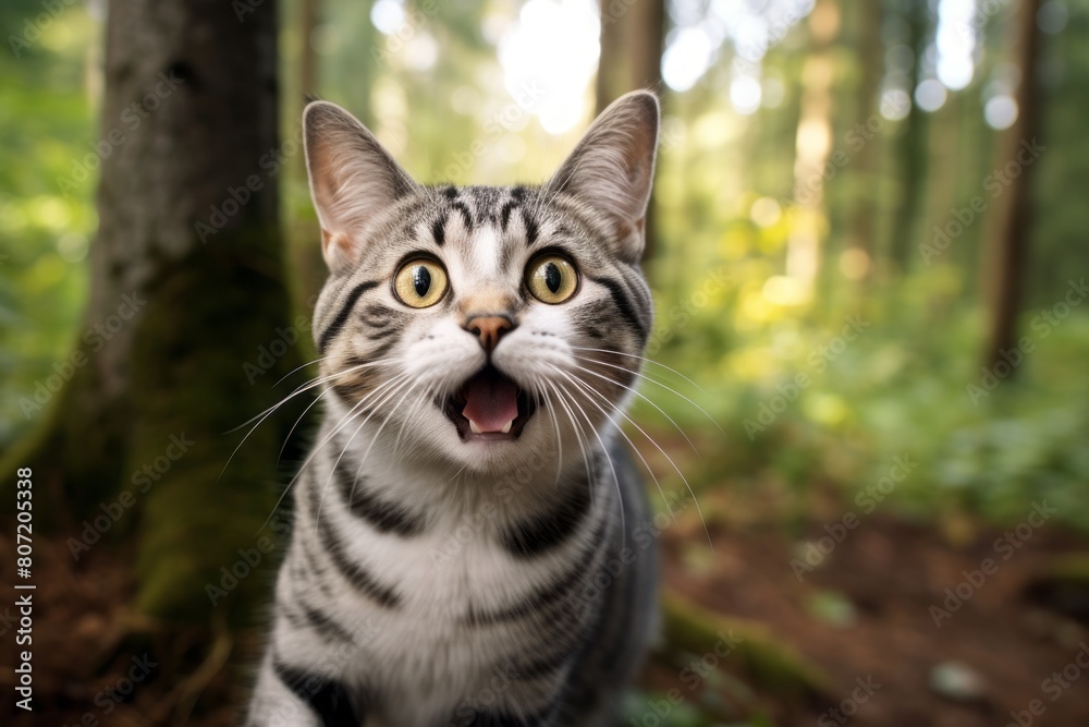 Medium shot portrait photography of a happy american shorthair cat begging for food while standing against forest background Medium shot portrait photography of a happy american shorthair cat begging for food while standing against forest background