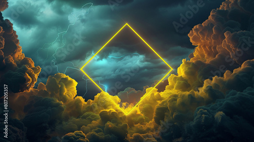 A 3D-rendered neon yellow rhombus frame that seems to electrify the stormy clouds around it, set in a deep twilight sky, photo