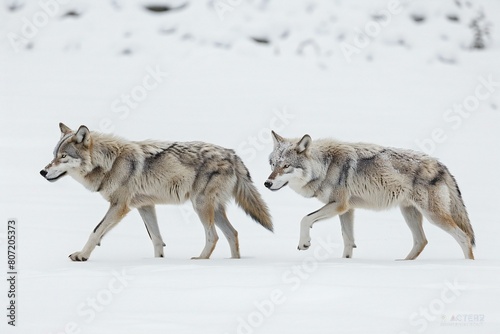 Two grey wolves running in the snow, Canis lupus signatus photo