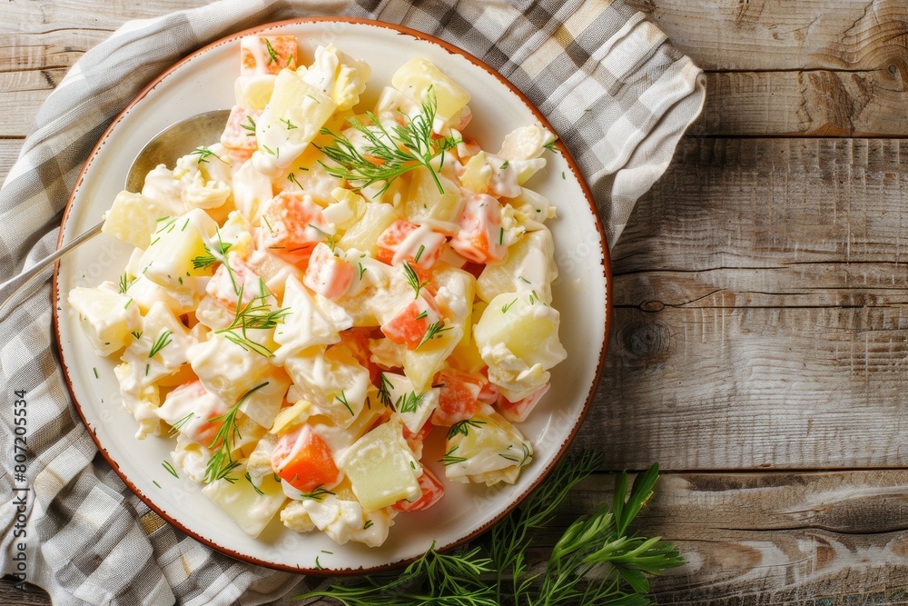 Classic salad with potatoes fish carrots eggs and cheese in a mayonnaise dressing on a plate Top view Classic salad with potatoes fish carrots eggs and cheese in a mayonnaise dressing on a plate Top view