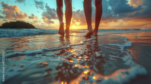 Two People Walking on the Beach at Sunset