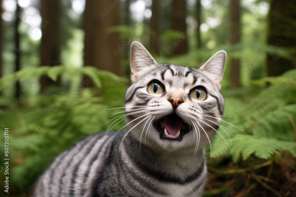 Medium shot portrait photography of a smiling american shorthair cat back-arching isolated in forest background