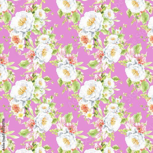 Watercolor peony seamless pattern, spring flowers green clipart, leaves.  pink,magenta, scrapbooking,wallpaper,wrapping, gift,paper, for clothes, children textile,digital paper, floral drop, pattern