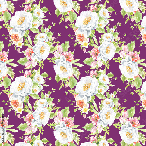 Watercolor peony seamless pattern, spring flowers green clipart, leaves. , violet,pink, scrapbooking,wallpaper,wrapping, gift,paper, for clothes, children textile,digital paper, floral drop, pattern